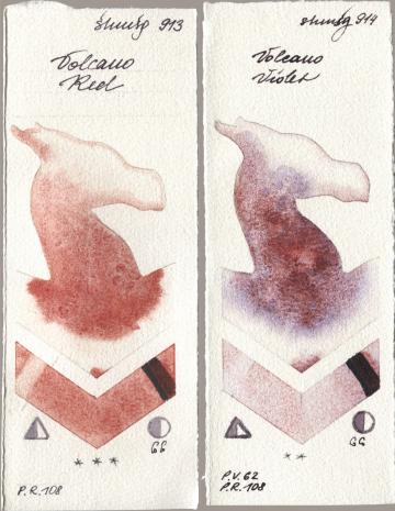Shminke Horadam Aquarell 913 Volcano Red, 914 Volcano Viol watercolor swatch