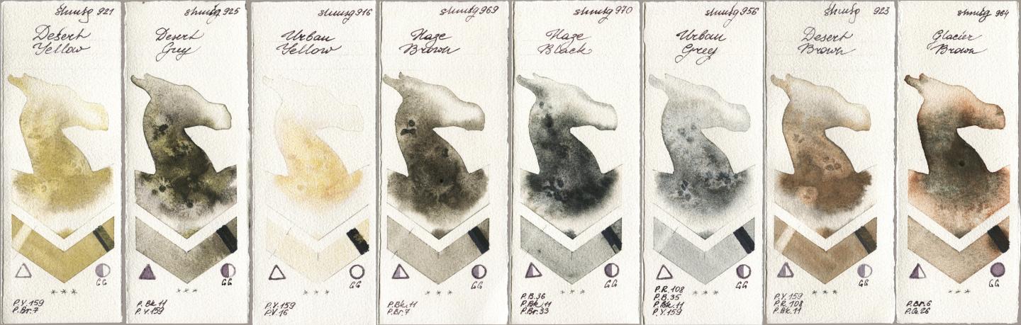 Shminke Horadam Aquarell 921 Desert Yellow, 925 Desert Grey, 916 Urban Yellow, 969 Haze Brown, 970 Haze Black, 956 Urban Grey, 923 Desert Brown, 964 Glacier Bro watercolor swatch