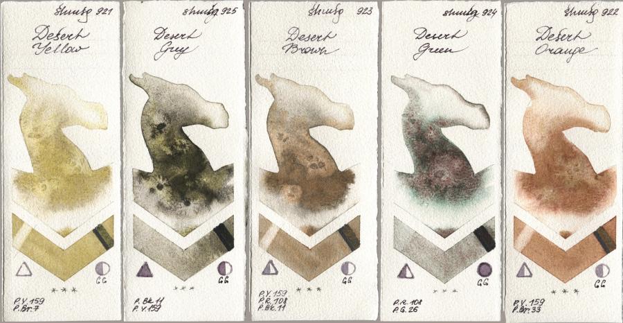 Shminke Horadam Aquarell 921 Desert Yellow, 925 Desert Grey, 923 Desert Brown, 924 Desert Green, 922 Desert Oran watercolor swatch