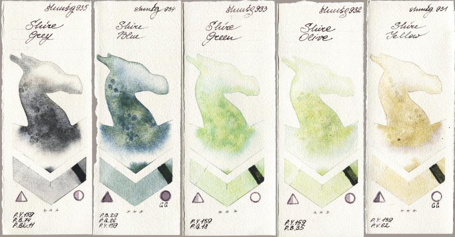 Shminke Horadam Aquarell 935 Shire Grey vs 934 Shire Blue vs 933 Shire Green vs 932 Shire Olive vs 931 Shire Yellow watercolor swatch