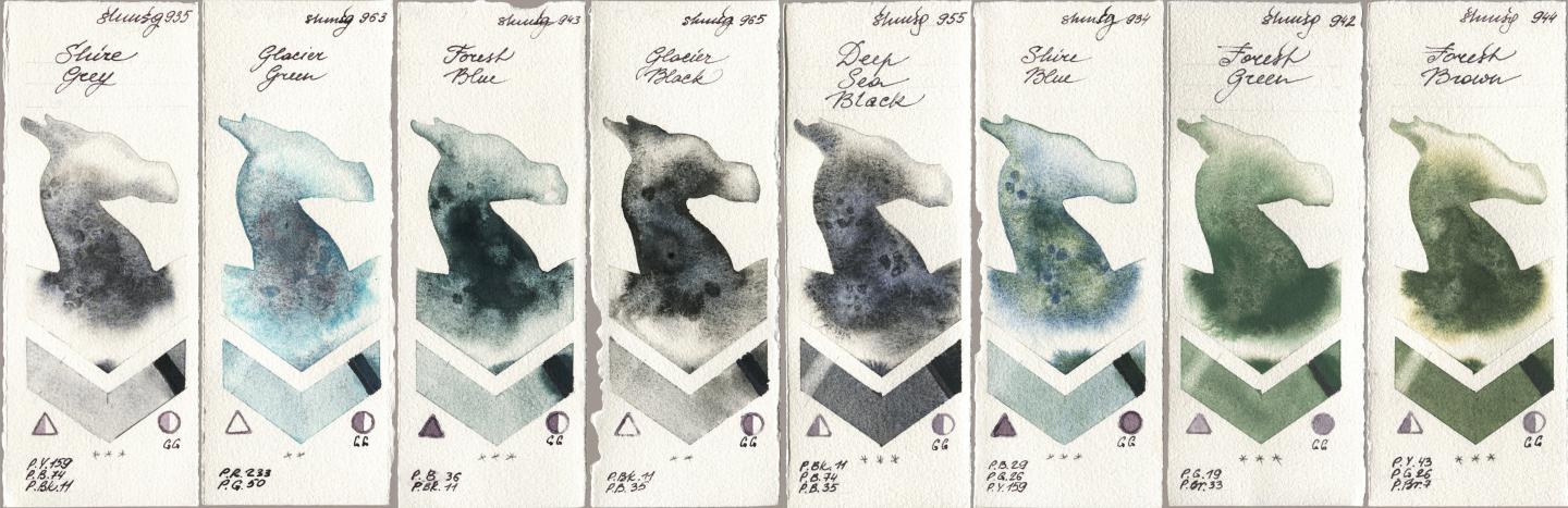 Shminke Horadam Aquarell 935 Shire Grey, 963 Glacier Green, 943 Forest Blue, 965 Glacier Black, 955 Deep Sea Black, 934 Shire Blue, 942 Forest Green, 944 Forest Bro watercolor swatch
