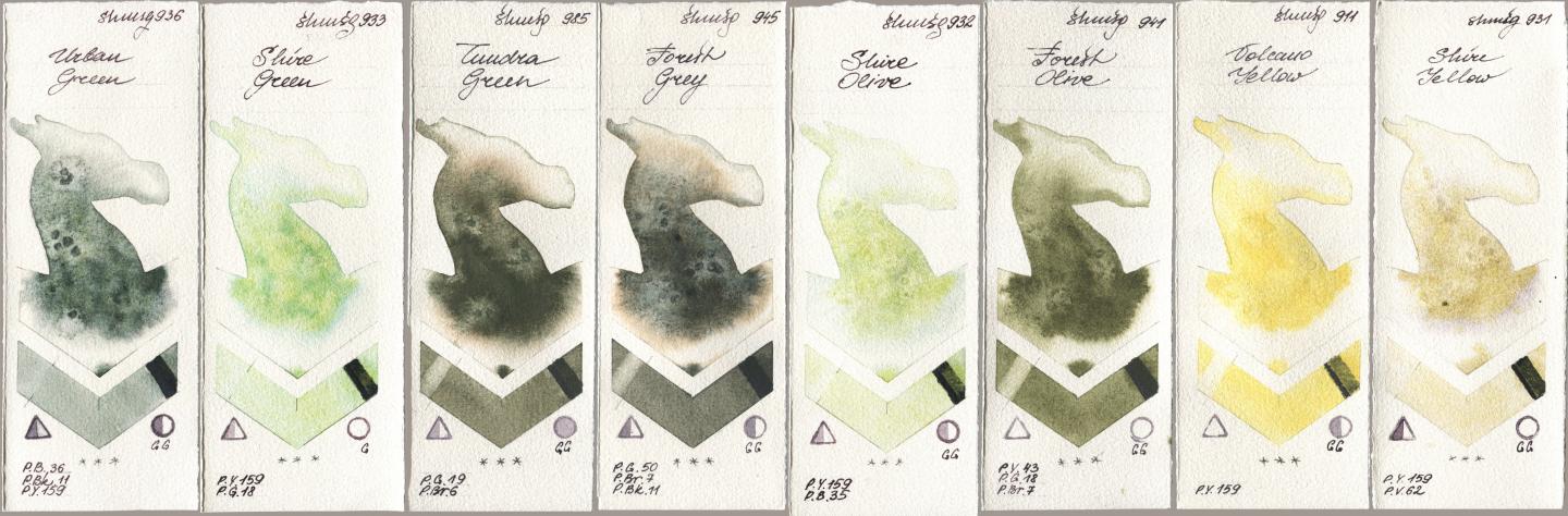 Shminke Horadam Aquarell 936 Urban Green, 933 Shire Green, 985 Tundra Green, 945 Forest Grey, 932 Shire Olive, 941 Forest Olive, 911 Volcano Yellow, 931 Shire Yell watercolor swatch