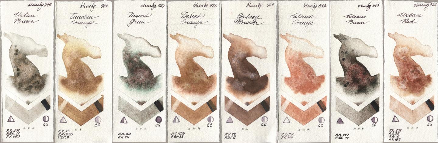 Shminke Horadam Aquarell 946 Urban Brown, 981 Tundra Orange, 924 Desert Green, 922 Desert Orange, 974 Galaxy Brown, 912 Volcano Orange, 915 Volcano Brown, 926 Urban R watercolor swatch