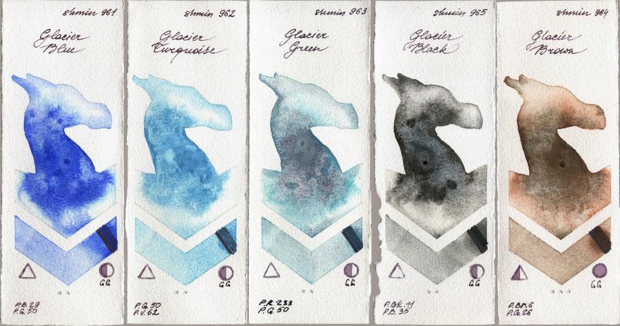 Shminke Horadam Aquarell 961 Glacier Blue vs 962 Glacier Turquoise vs 963 Glacier Green vs 965 Glacier Black vs 964 Glacier Brown watercolor swatch