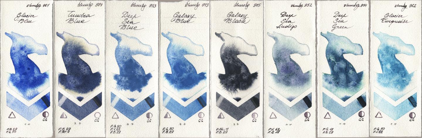 Shminke Horadam Aquarell 961 Glacier Blue, 984 Tundra Blue, 953 Deep Sea Blue, 973 Galaxy Blue, 975 Galaxy Black, 952 Deep Sea Indigo, 954 Deep Sea Green, 962 Glacier Turquoi watercolor swatch