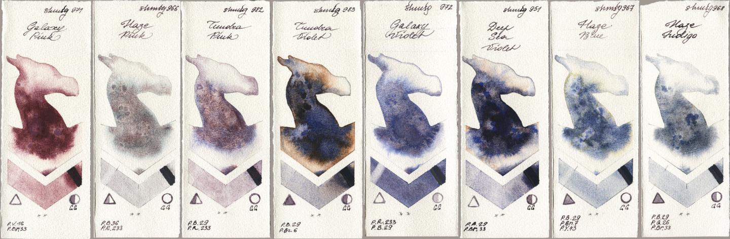 Shminke Horadam Aquarell 971 Galaxy Pink, 966 Haze Pink, 982 Tundra Pink, 983 Tundra Violet, 972 Galaxy Violet, 951 Deep Sea Violet, 967 Haze Blue, 968 Haze Indi watercolor swatch