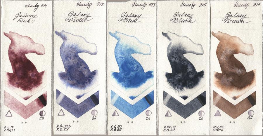 Shminke Horadam Aquarell 971 Galaxy Pink, 972 Galaxy Violet, 973 Galaxy Blue, 975 Galaxy Black, 974 Galaxy Bro watercolor swatch
