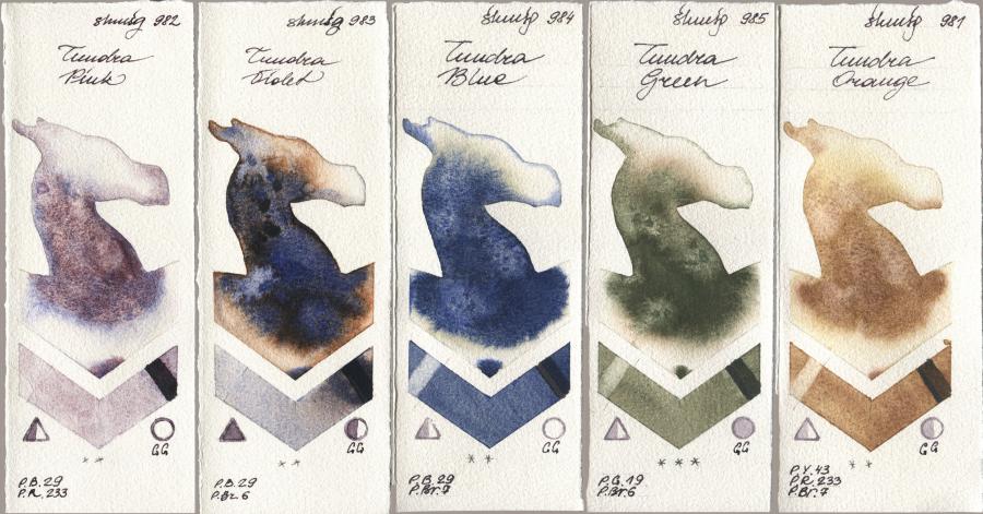 Shminke Horadam Aquarell 982 Tundra Pink, 983 Tundra Violet, 984 Tundra Blue, 985 Tundra Green, 981 Tundra Oran watercolor swatch