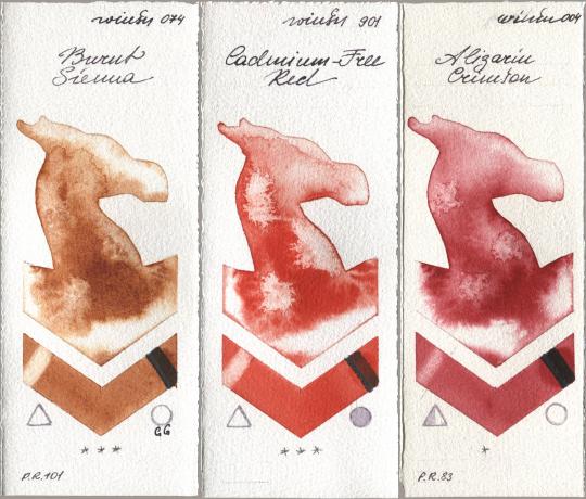 Winsor & Newton Professional 074 Burnt Sienna, 901 Cadmium-Free Red, 004 Alizarin Crims watercolor swatch