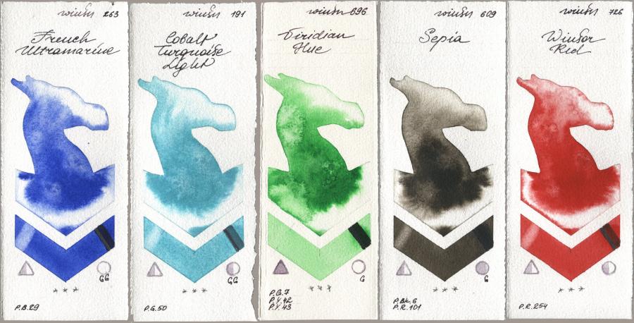 Winsor & Newton Professional 263 French Ultramarine, 191 Cobalt Turquoise Light, 696 Viridian Hue, 609 Sepia, 726 Winsor R watercolor swatch