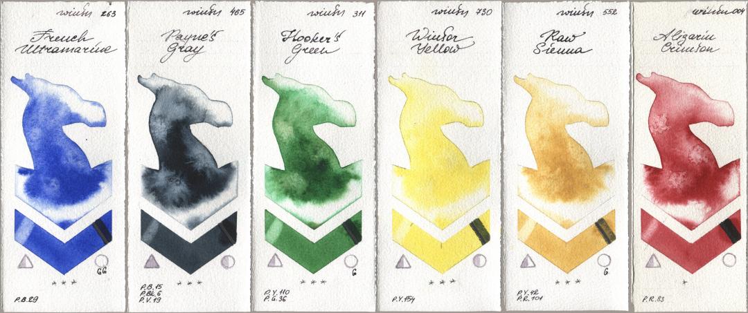 Winsor & Newton Professional 263 French Ultramarine, 465 Paynes Gray, 311 Hookers Green, 730 Winsor Yellow, 552 Raw Sienna, 004 Alizarin Crims watercolor swatch