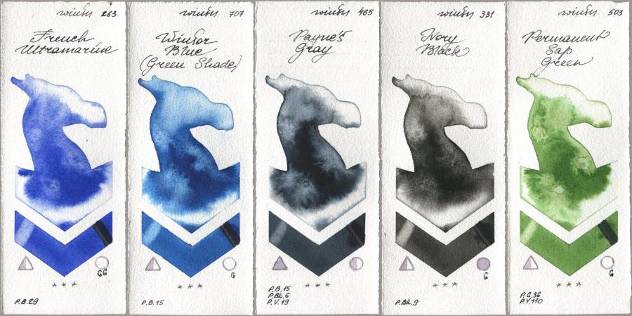 Winsor & Newton Professional 263 French Ultramarine, 707 Winsor Blue (Green Shade), 465 Paynes Gray, 331 Ivory Black, 503 Permanent Sap Gre watercolor swatch
