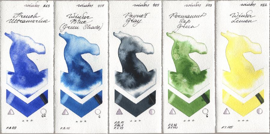 Winsor & Newton Professional 263 French Ultramarine, 707 Winsor Blue (Green Shade), 465 Paynes Gray, 503 Permanent Sap Green, 722 Winsor Lem watercolor swatch