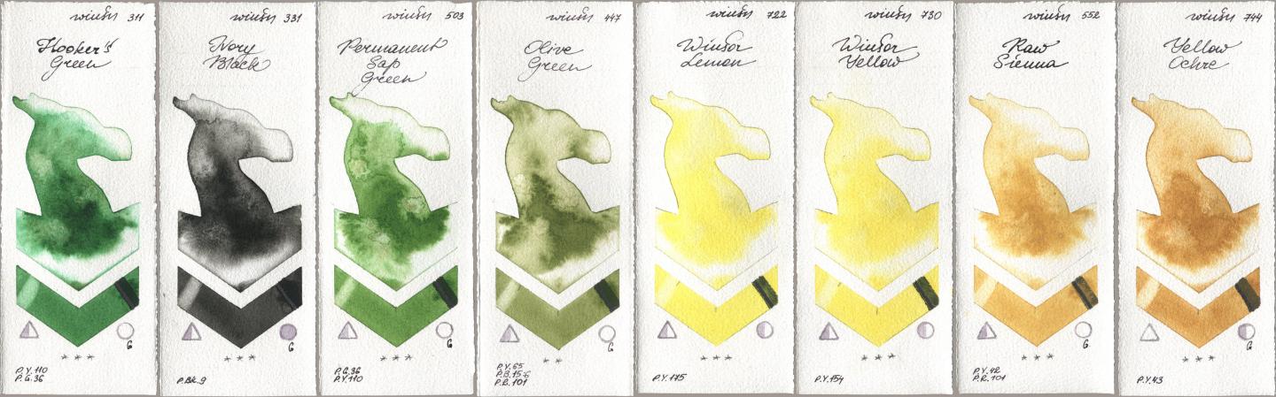 Winsor & Newton Professional 311 Hookers Green, 331 Ivory Black, 503 Permanent Sap Green, 447 Olive Green, 722 Winsor Lemon, 730 Winsor Yellow, 552 Raw Sienna, 744 Yellow Och watercolor swatch
