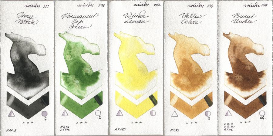 Winsor & Newton Professional 331 Ivory Black, 503 Permanent Sap Green, 722 Winsor Lemon, 744 Yellow Ochre, 076 Burnt Umb watercolor swatch