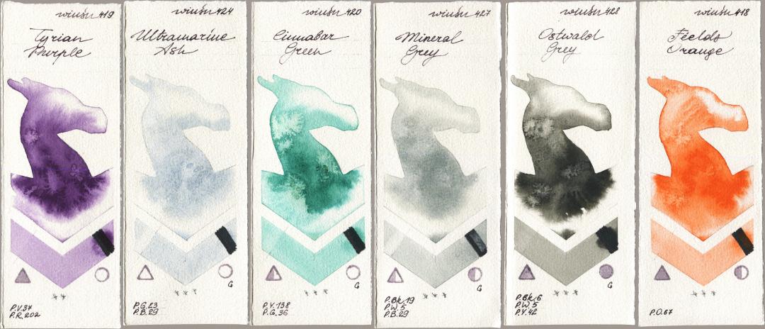 Winsor & Newton Professional 419 Tyrian Purple, 424 Ultramarine Ash, 420 Cinnabar Green, 427 Mineral Grey, 428 Ostwald Grey, 418 Fields Oran watercolor swatch