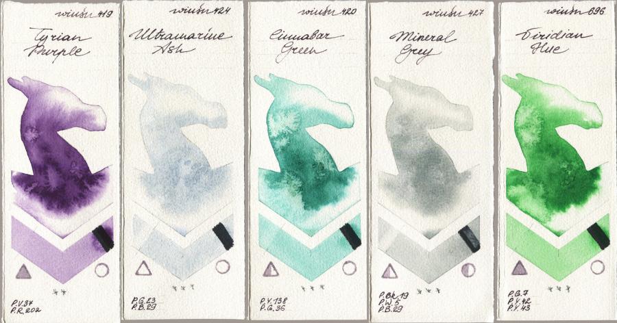 Winsor & Newton Professional 419 Tyrian Purple vs 424 Ultramarine Ash vs 420 Cinnabar Green vs 427 Mineral Grey vs 696 Viridian Hue watercolor swatch