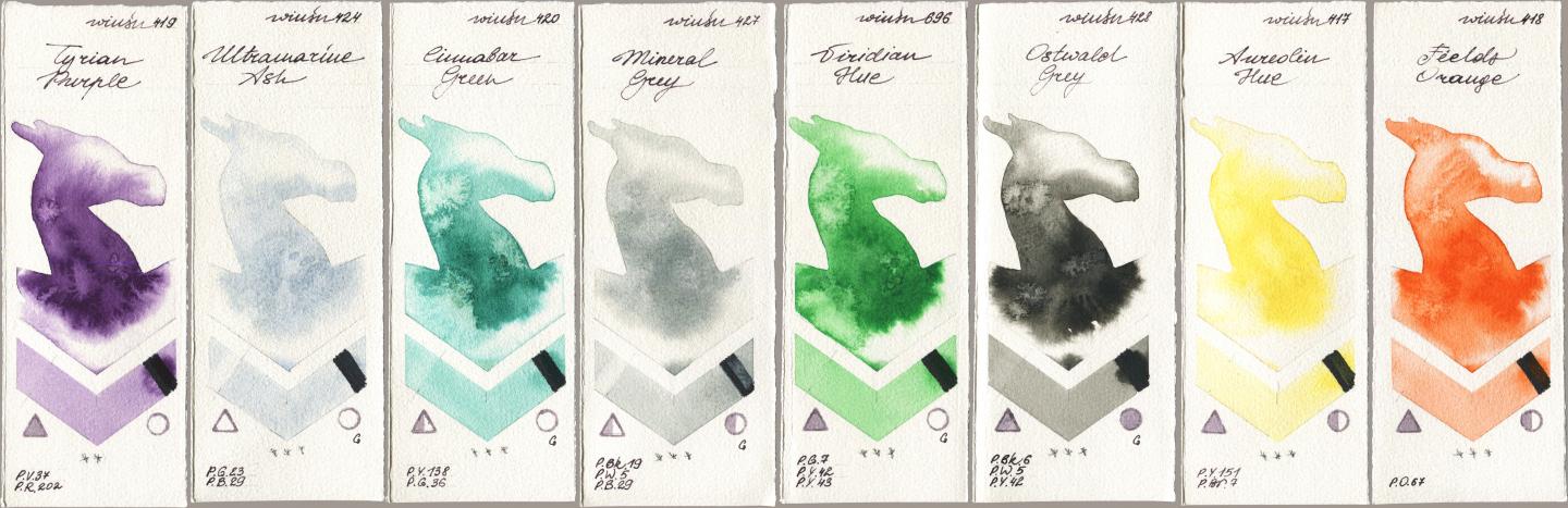 Winsor & Newton Professional 419 Tyrian Purple, 424 Ultramarine Ash, 420 Cinnabar Green, 427 Mineral Grey, 696 Viridian Hue, 428 Ostwald Grey, 417 Aureolin Hue, 418 Fields Oran watercolor swatch