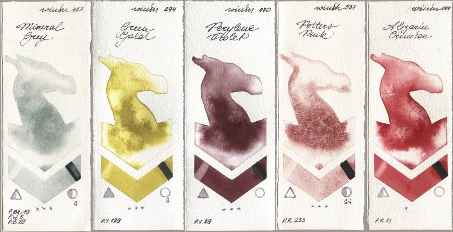 Winsor & Newton Professional 427 Mineral Grey, 294 Green Gold, 470 Perylene Violet, 537 Potters Pink, 004 Alizarin Crims watercolor swatch