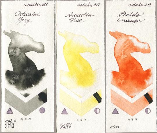 Winsor & Newton Professional 428 Ostwald Grey vs 417 Aureolin Hue vs 418 Fields Orange watercolor swatch