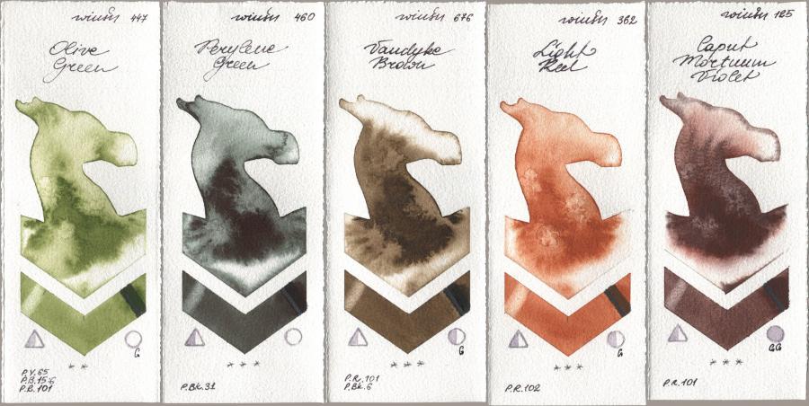 Winsor & Newton Professional 447 Olive Green, 460 Perylene Green, 676 Vandyke Brown, 362 Light Red, 125 Caput Mortuum Viol watercolor swatch