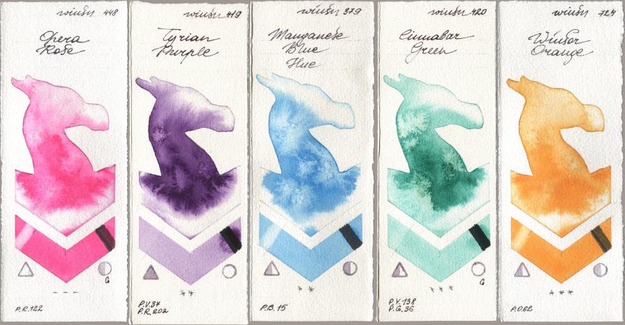 Winsor & Newton Professional 448 Opera Rose, 419 Tyrian Purple, 379 Manganese Blue Hue, 420 Cinnabar Green, 724 Winsor Oran watercolor swatch