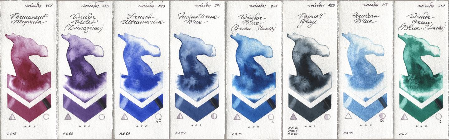 Winsor & Newton Professional 489 Permanent Magenta, 733 Winsor Violet (Dioxazine), 263 French Ultramarine, 321 Indanthrene Blue, 707 Winsor Blue (Green Shade), 465 Paynes Gray, 137 Cerulean Blue, 719 Winsor Green (Blue Shad watercolor swatch