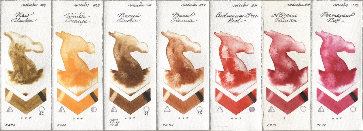 Winsor & Newton Professional 554 Raw Umber, 724 Winsor Orange, 076 Burnt Umber, 074 Burnt Sienna, 901 Cadmium-Free Red, 004 Alizarin Crimson, 502 Permanent Ro watercolor swatch