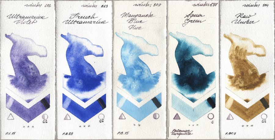 Winsor & Newton Professional 672 Ultramarine Violet, 263 French Ultramarine, 379 Manganese Blue Hue, 697 Aqua Green, 554 Raw Umb watercolor swatch