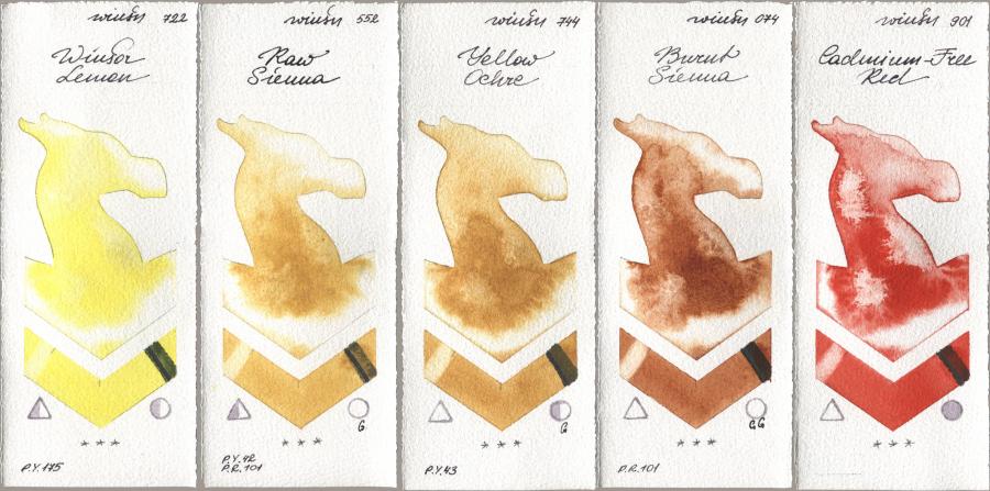 Winsor & Newton Professional 722 Winsor Lemon, 552 Raw Sienna, 744 Yellow Ochre, 074 Burnt Sienna, 901 Cadmium-Free R watercolor swatch
