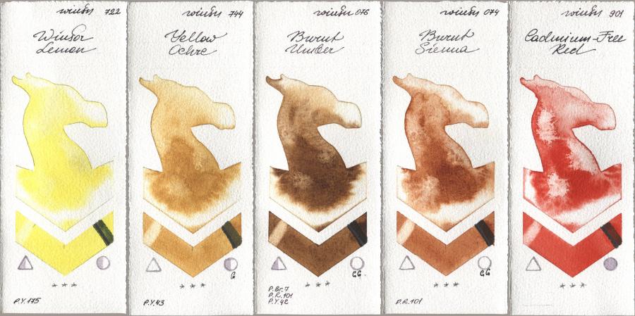 Winsor & Newton Professional 722 Winsor Lemon, 744 Yellow Ochre, 076 Burnt Umber, 074 Burnt Sienna, 901 Cadmium-Free R watercolor swatch