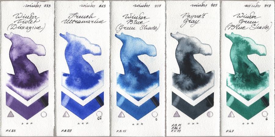 Winsor & Newton Professional 733 Winsor Violet (Dioxazine), 263 French Ultramarine, 707 Winsor Blue (Green Shade), 465 Paynes Gray, 719 Winsor Green (Blue Shad watercolor swatch