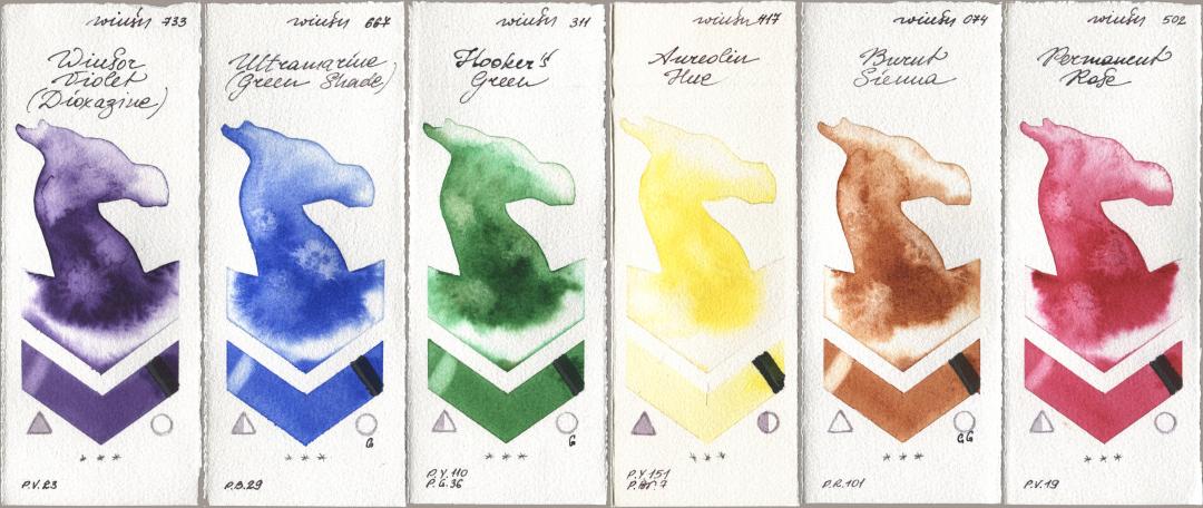 Winsor & Newton Professional 733 Winsor Violet (Dioxazine), 667 Ultramarine (Green Shade), 311 Hookers Green, 417 Aureolin Hue, 074 Burnt Sienna, 502 Permanent Ro watercolor swatch