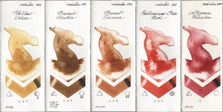 Winsor & Newton Professional 744 Yellow Ochre, 076 Burnt Umber, 074 Burnt Sienna, 901 Cadmium-Free Red, 004 Alizarin Crims watercolor swatch