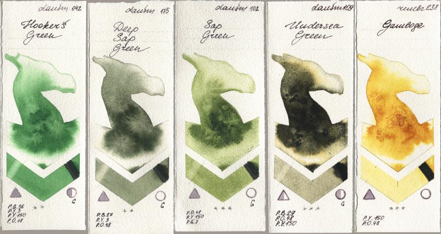 Daniel Smith 042 Hookers Green, 175 Deep Sap Green, 102 Sap Green, 109 Undersea Green, Royal Talens Rembrandt Watercolour 238 Gambo watercolor swatch
