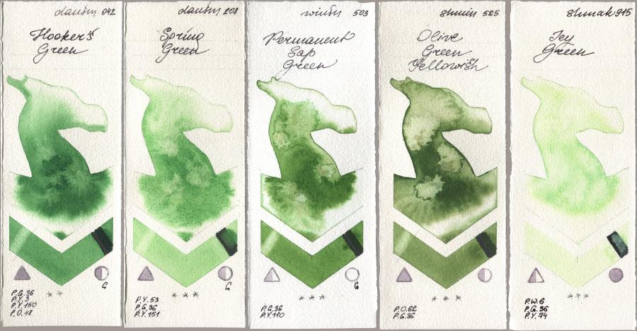 Daniel Smith 042 Hookers Green, 208 Spring Green, Winsor & Newton Professional 503 Permanent Sap Green, Shminke Horadam Aquarell 525 Olive Green Yellowish, Shminke Akademie Aquarell 915 Icy Gre watercolor swatch