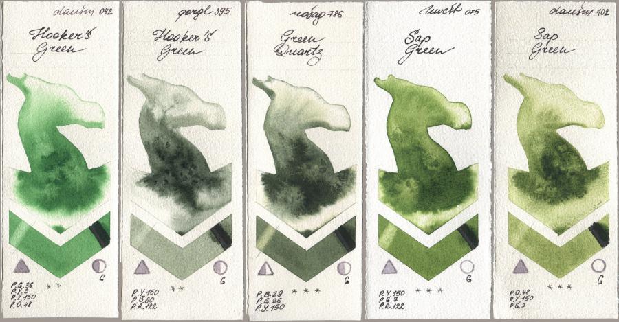 Daniel Smith 042 Hookers Green, Golden QOR 395 Hookers Green, Rosa Gallery 786 Green Quartz, Holbein Artists Watercolor 075 Sap Green, 102 Sap Gre watercolor swatch