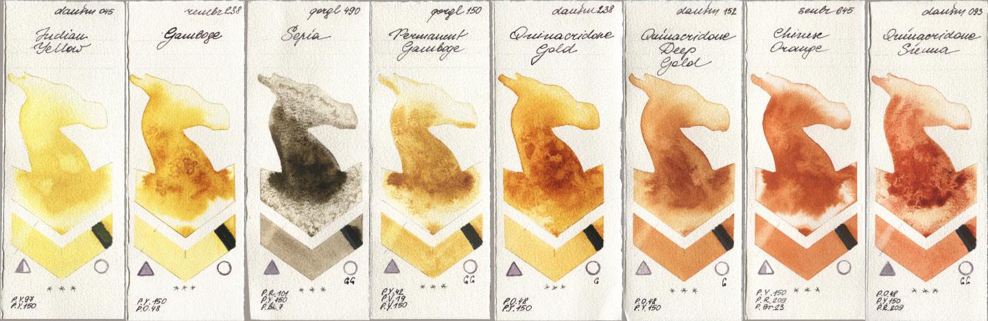 Daniel Smith 045 Indian Yellow, Royal Talens Rembrandt Watercolour 238 Gamboge, Golden QOR 490 Sepia, 150 Permanent Gamboge, 238 Quinacridone Gold, 152 Quinacridone Deep Gold, Sennelier l Aquarelle 645 Chinese Orange, 093 Quinacridone Sien watercolor swatch