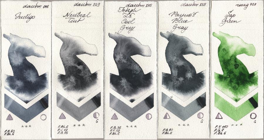 Daniel Smith 046 Indigo, 229 Neutral Tint, 245 Joseph Zs Cool Grey, 235 Paynes Blue Gray, Rosa Gallery 728 Sap Gre watercolor swatch