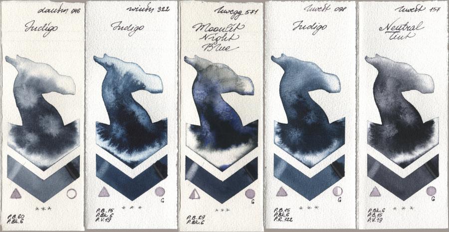 Daniel Smith 046 Indigo, Winsor & Newton Professional 322 Indigo, Holbein Artists Watercolor 571 Moonlit Night Blue, 098 Indigo, 157 Neutral Ti watercolor swatch