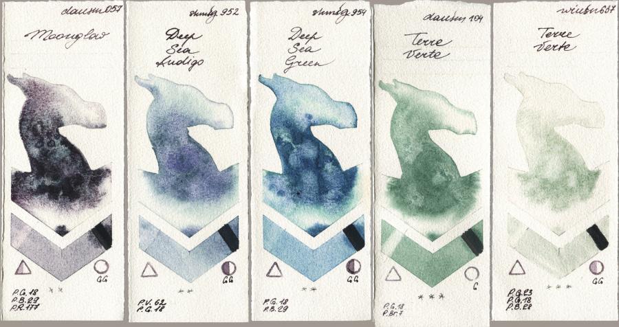 Daniel Smith 057 Moonglow, Shminke Horadam Aquarell 952 Deep Sea Indigo, 954 Deep Sea Green, 104 Terre Verte, Winsor & Newton Professional 637 Terre Ver watercolor swatch