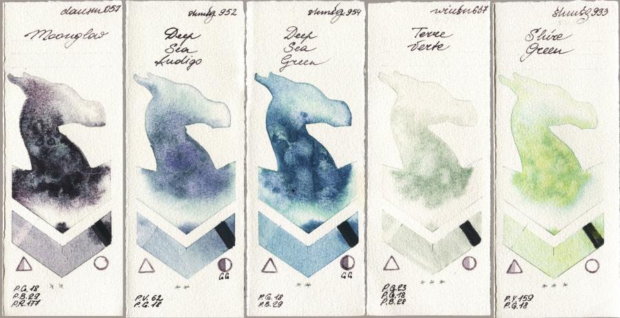 Daniel Smith 057 Moonglow vs Shminke Horadam Aquarell 952 Deep Sea Indigo vs 954 Deep Sea Green vs Winsor & Newton Professional 637 Terre Verte vs 933 Shire Green watercolor swatch