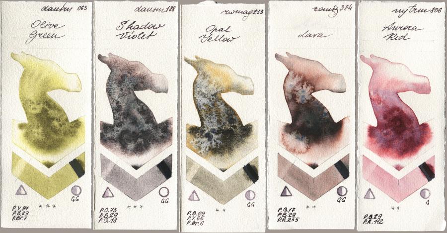 Daniel Smith 063 Olive Green, 188 Shadow Violet, Rockwell 233 Opal Yellow, Roman Szmal Aquarius 384 Lava, Mijello Mission Gold 806 Aurora R watercolor swatch