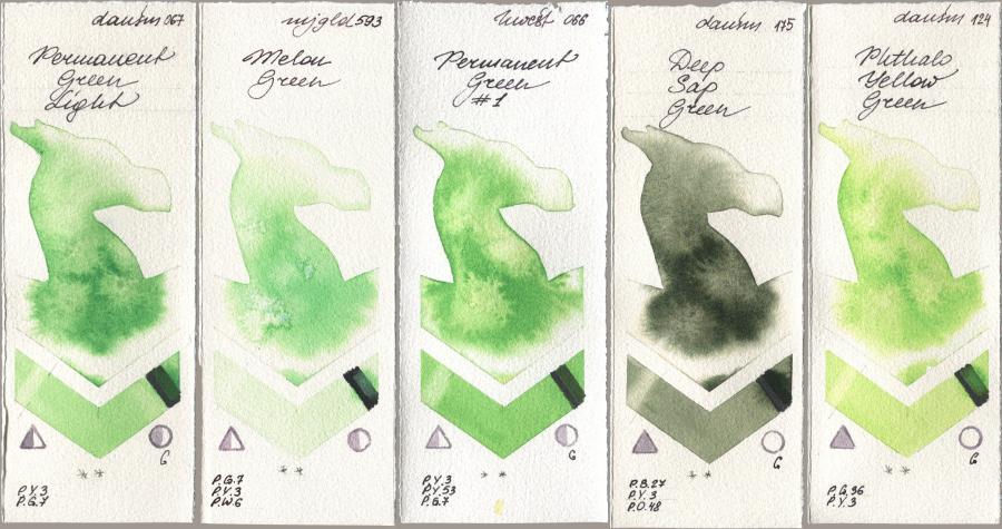 Daniel Smith 067 Permanent Green Light, Mijello Mission Gold 593 Melon Green, Holbein Artists Watercolor 066 Permanent Green No 1, 175 Deep Sap Green, 124 Phthalo Yellow Gre watercolor swatch