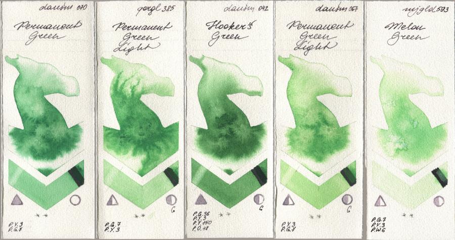Daniel Smith 070 Permanent Green, Golden QOR 385 Permanent Green Light, 042 Hookers Green, 067 Permanent Green Light, Mijello Mission Gold 593 Melon Gre watercolor swatch