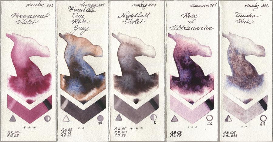 Daniel Smith 073 Permanent Violet, Holbein Artists Watercolor 561 Eurasian Jay Rose Grey, Rosa Gallery 787 Nightfall Violet, 101 Rose of Ultramarine, Shminke Horadam Aquarell 982 Tundra Pi watercolor swatch