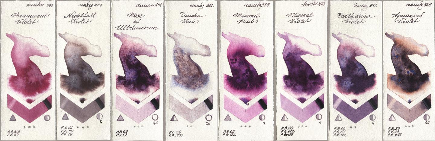Daniel Smith 073 Permanent Violet, Rosa Gallery 787 Nightfall Violet, 101 Rose of Ultramarine, Shminke Horadam Aquarell 982 Tundra Pink, Roman Szmal Aquarius 379 Mineral Pink, Holbein Artists Watercolor 112 Mineral Violet, 542 Earthshine Violet, 369 Aquarius Viol watercolor swatch