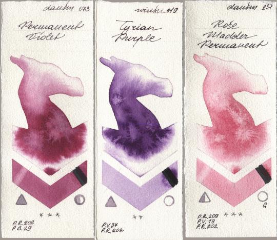 Daniel Smith 073 Permanent Violet, Winsor & Newton Professional 419 Tyrian Purple, 237 Rose Madder Permane watercolor swatch