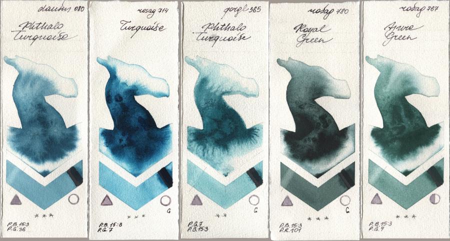 Daniel Smith 080 Phthalo Turquoise, Rosa Gallery 714 Turquoise, Golden QOR 365 Phthalo Turquoise, 780 Royal Green, 767 Azure Gre watercolor swatch