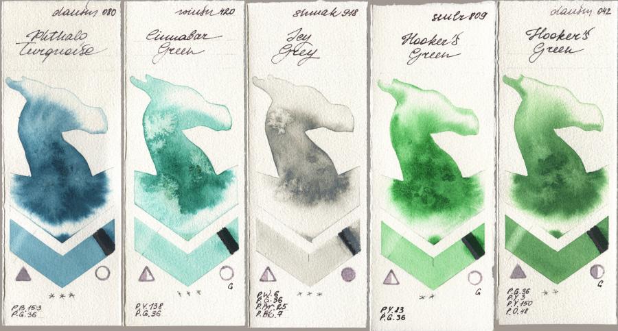 Daniel Smith 080 Phthalo Turquoise, Winsor & Newton Professional 420 Cinnabar Green, Shminke Akademie Aquarell 918 Icy Grey, Sennelier l Aquarelle 809 Hookers Green, 042 Hookers Gre watercolor swatch